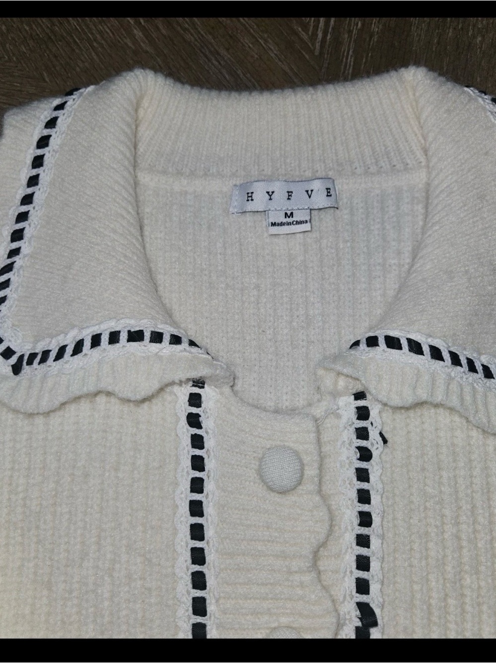 HYFVE Coquette Cream ribbed Cardigan Contrast Trim Peter Pan Collar Sweater M - Picture 6 of 16